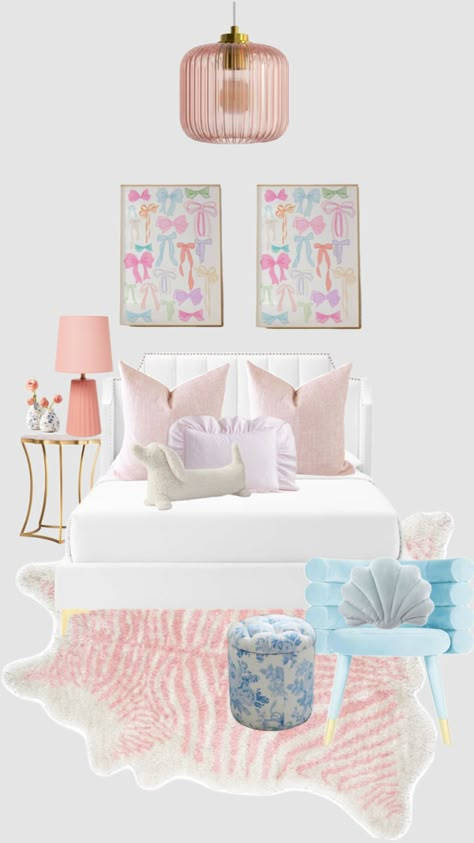 Pink Costal Granddaughter Room, Pink Blue And White Bedroom, Pastel Colour Bedroom, Preppy Coastal Bedroom, Pink And Blue Room, Love Shack Fancy Bedroom, Preppy Teen Bedroom, Sorority Room, Preppy Bedroom