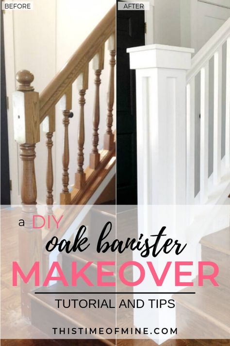 Say goodbye to ugly oak banisters! Find out how we completely transformed our stairway with this inexpensive DIY tutorial. House projects | before and after | stair makeover | update stairs | newel post #DIYtutorial #DIY #stairmakeover #thistimeofmine Banister Makeover, Oak Banister, Stairs Makeover Design, Diy Stairs Makeover, Redo Stairs, Stair Railing Makeover, Stairs Makeover Ideas, Stair Renovation, Architecture Restaurant