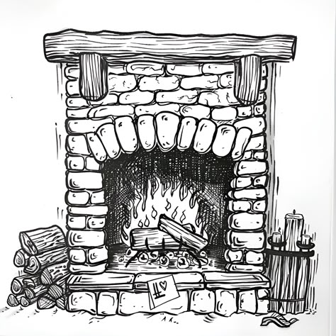 Christmas Cozy Fireplace Scene (free printable PDF black-and-white line drawing idea suitable for all, from beginners to advanced learners, including children, teens, adults, and seniors) Christmas Scene Drawing Easy, How To Draw A Fireplace Step By Step, Fireplace Coloring Page, Christmas Fireplace Drawing, Christmas Fireplace Coloring Pages, Christmas Card Drawing Ideas, Cozy Friends Coloring Pages Christmas, Christmas Scene Drawing, Christmas Card Drawing