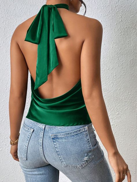 Women Solid Color Backless Halter Neck Top Dark Green Sexy   Woven Fabric Plain Halter Non-Stretch  Women Clothing, size features are:Bust: ,Length: ,Sleeve Length: Puff Long Sleeves, Casual Cap, Halter Neck Top, Tank Top Cami, Cropped Tank Top, Ladies Day, Halter Neck, Winter Women, Denim Dress