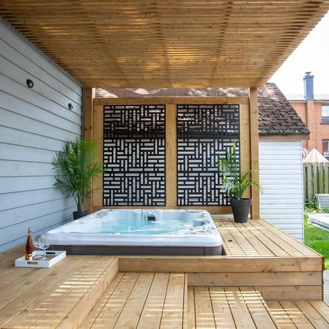 As the nights start to cool down, who else wishes they had a space like this?! 😍 We built this hot tub space last year with stunning… | Instagram Pergola Patio Hot Tub Ideas, Outdoor Kitchen With Hot Tub, Covered Porch Hot Tub Deck Design, Deck And Hot Tub Ideas, Covered Hot Tub Ideas Backyard, Small Yard With Hot Tub, Back Deck With Hot Tub, Backyard Oasis With Hot Tub, Lay Z Spa Surround Ideas