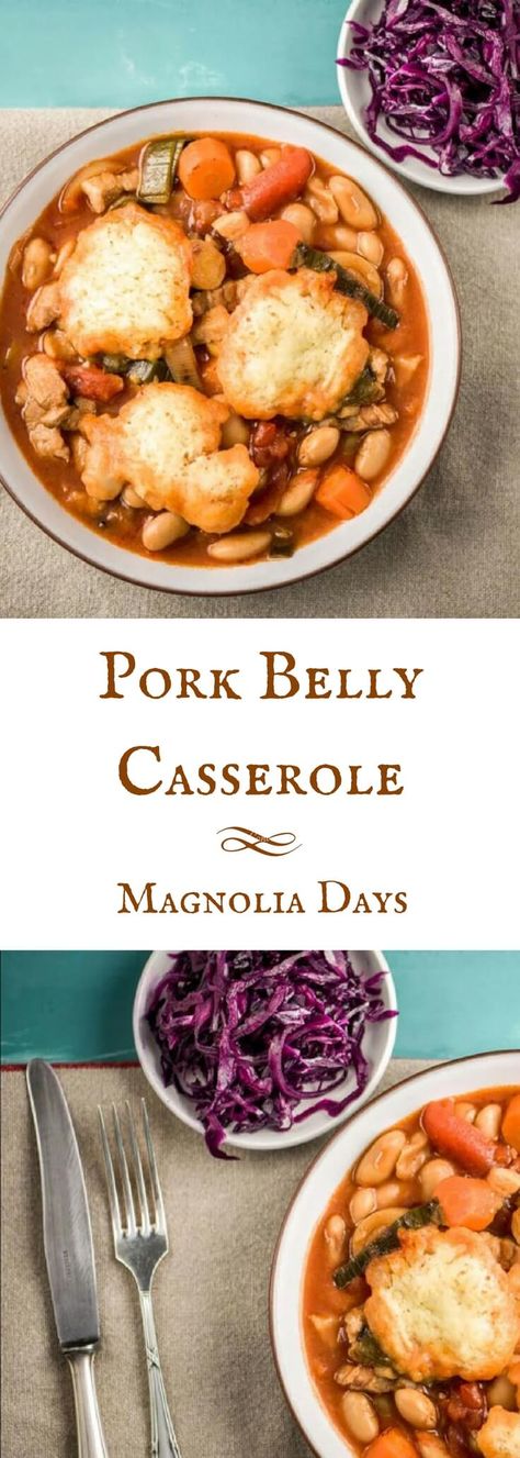 Pork belly casserole is richly flavored with pork belly, beans, tomatoes, and red cabbage, all topped with delicious dumplings. via @magnolia_days sponsored by HelloFresh Pork Belly Casserole, Baked Meals, Casseroles Recipes, Southern Cooking Recipes, Yummy Casserole Recipes, Winter Meals, Pork Belly Recipes, Fat Loss Foods, Southern Cooking