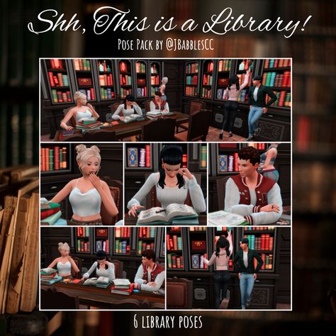 Keep your friends quiet and try to study with this chaotic pose pack. Perfect for storytellers!  #sims4 #sims #simscc #simspose #simsposepack #simsposecreator Sims 4 Catholic Cc, Library Pose, Ts4 Poses, Cc Sims4, 4 Poses, Sims 4 Gameplay, Sims Four, Sims4 Clothes, Sims Community