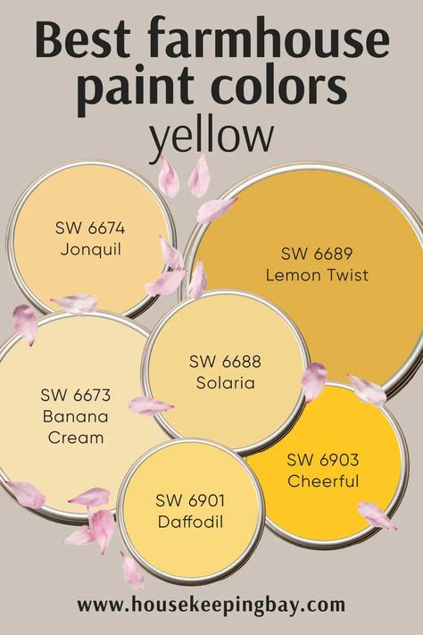 Best Farmhouse Paint Colors by Sherwin Williams – Yellow Sherwin Williams Yellow, Best Farmhouse Paint Colors, Yellow Paint Colors, Best Farmhouse, Farmhouse Paint Colors, Yellow Colour Scheme, Color Palette Yellow, Farmhouse Paint, Farm House Colors