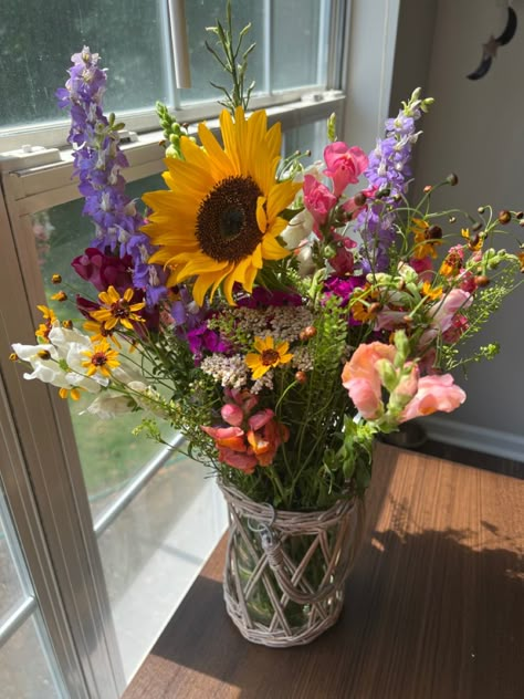 Flower bouquet from NC farmer’s market with pinks, purples, yellows and whites Yellow Pink Purple Wedding, Pink Purple Orange Flower Arrangement, Farm Flower Bouquet, Purple And Yellow Bouquet, Flower Bouquet Aesthetic, Yellow Flower Bouquet, Purple And Yellow Flowers, Market Flowers, Yellow Bouquets