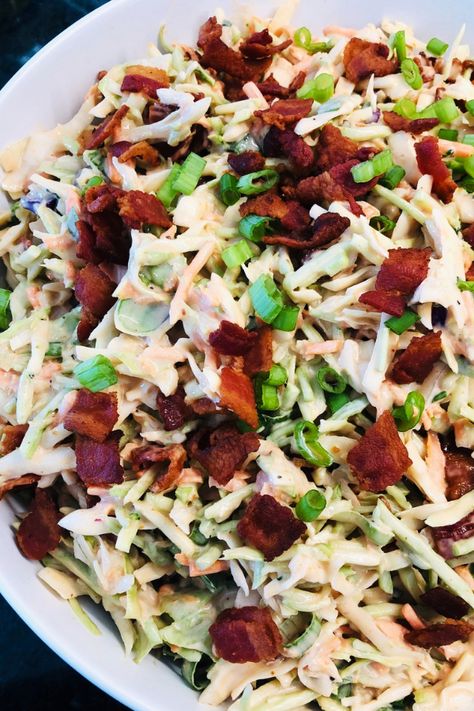 A BBQ dressing and lots of bacon makes this slaw one amazing side dish! #sidedish #BBQ Berry Kabobs, Bacon Slaw, Deviled Egg Potato Salad, Slaw Salad, Buffalo Chicken Sliders, Blt Pasta, Blt Pasta Salads, Bacon Potato Salad, Griddle Recipes