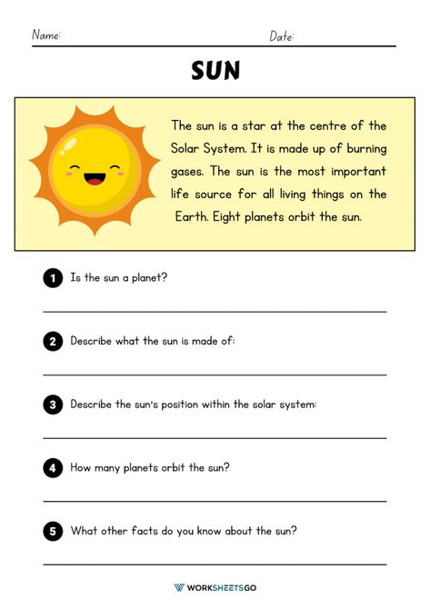 The Sun Activities For Kids, Sun Worksheets For Kids, What Is Solar System, Sun Worksheet, Strawberry Project, Planets Orbit, Class Worksheets, Article Grammar, Solar System Worksheets