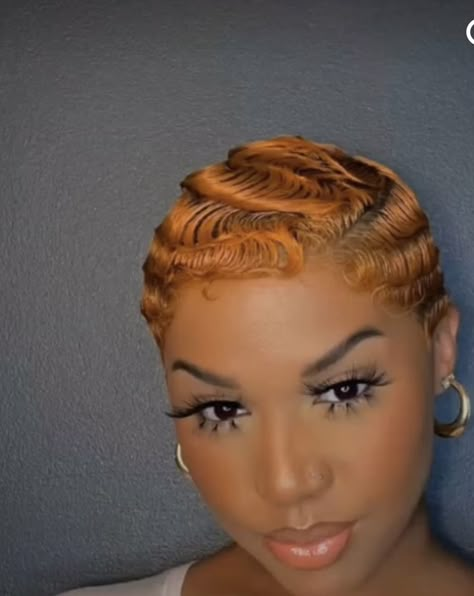 Ginger Relaxed Hair, Finger Waves With Undercut, Pixie Waves, Post Chemo Hairstyles, Ginger Pixie, Rose Gold Short Hair, Braids Colors, Relaxed Hair Styles, Finger Waves Short Hair