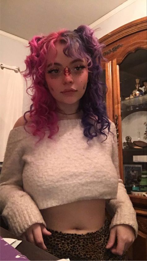 Half And Half Curly Hair Color, Split Dye On Curly Hair, Alt Dyed Hair Ideas, Split Dyed Hair Pink And Purple, Pink And Purple Split Dye, Dyed Hair Split, Half And Half Dyed Hair, Split Dye Ideas, Split Dye Pink