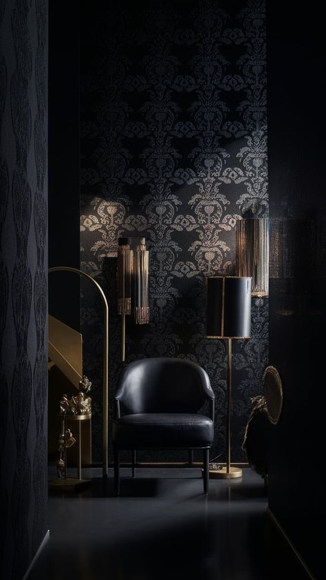 Immerse yourself in luxury with a stunning black wallpaper featuring intricate damask patterns, subtly embossed and accented with gold. This sophisticated setting showcases minimalistic furniture, including modern chairs and vintage lamps, beautifully lit with soft ambient lighting. Experience tranquility and opulence in every corner. #BlackWallpaper #InteriorDesign #LuxuryHome #ElegantDecor Black Wallpaper Design, Minimalistic Furniture, Damask Patterns, Minimalist Furniture, Wallpaper Design, Elegant Decor, Damask Pattern, Vintage Lamps, Black Wallpaper