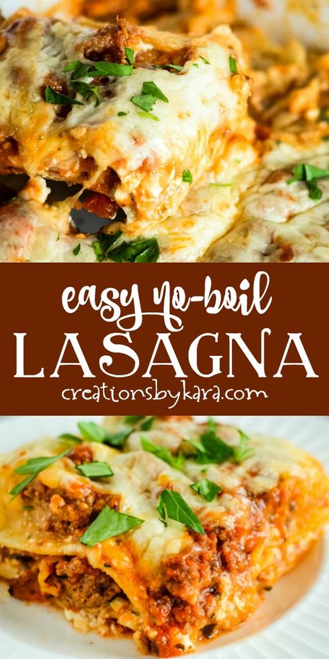 Easy No Boil Lasagna Recipe - save time with this quick prep lasagna. It comes together in minutes, and tastes amazing! It also freezes well. #noboillasagna #easylasagna #simplelasagna #howtomakelasagna #homemadelasagna -creationsbykara.com Easy Lasagna Recipe With Ricotta No Cook Noodles, Lasagna Recipe With Ricotta Oven Ready Noodles, Easy No Boil Lasagna Recipe, Lasagna Recipe Easy No Cook Noodles, Easy Lasagna Recipe With Ricotta No Boil, Lasagna Recipe With No Boil Noodles, Oven Ready Lasagna Recipe, No Cook Noodle Lasagna, No Boil Lasagna Recipe