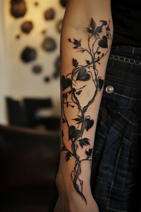 Womens Vine Sleeve Tattoo, Right Arm Sleeve Tattoo For Women, Vine Cover Up Tattoo, Floral Tattoo Sleeves For Women, Edgy Back Tattoos, Dark Floral Tattoo Sleeve, Arm Cover Up Tattoos For Women, Cute Sleeve Tattoos For Women, Edgy Tattoo Designs