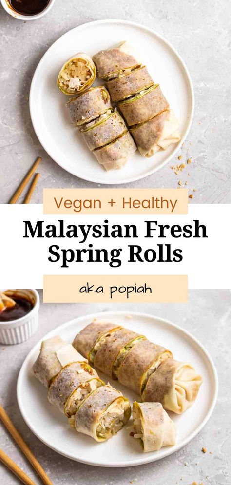 This tasty spring rolls recipe, or popiah, is a really popular Malaysian delicacy. Filled with cooked veggies and tofu, they are fresh, flavorsome and tasty. They are also simple and easy to make, too! Popiah Recipe, Chow Mei Fun, Spring Rolls Recipe, Peanut Salad, Fresh Spring Rolls, Spring Roll Recipe, How To Press Tofu, Chop Suey, Fried Shallots