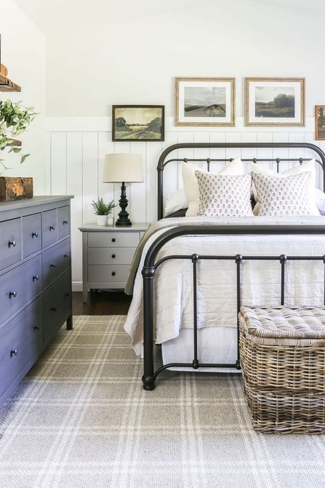 Picture of a cozy bedroom with an IKEA Hemnes dresser Hemnes Dresser Styling, Ikea Hemnes Bedroom, Bedroom With Shiplap, Neutral Upholstered Bed, Modern Farmhouse Bedrooms, Modern Country Bedrooms, Coastal Farmhouse Bedroom, White Upholstered Bed, Grey Nightstand