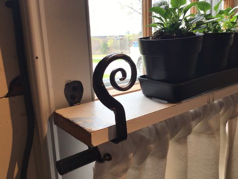 Shelf brackets for window flower pots indoor garden curtain rod hook black bronze copper different designs by scottishlion on Etsy Bronze Curtain Rods, Flower Pots Indoor, Window Plant Shelf, Black Shelf Brackets, Window Shelf, Curtain Brackets, Rod Iron, Curtain Rod Holders, Metal Shelf Brackets