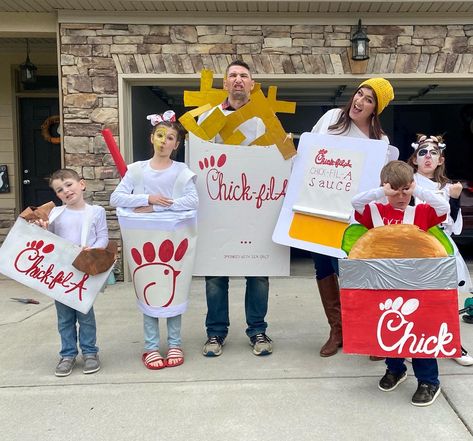 Chick Fil A Costume Family, Chik Fil A Costume, Chick Fil A Family Costume, Chickfila Costume, Chick Fil A Costume Ideas, Old Mcdonald Halloween Costume, Chic Fil A Trunk Or Treat, Chic Fil A Trunk Or Treat Ideas, Chick Fil A Halloween Costume