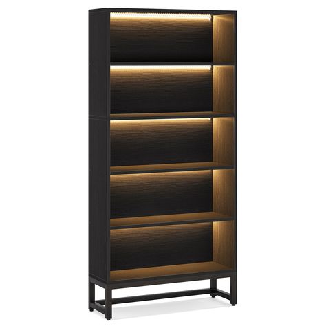 Made of high-quality E1 particleboard and powder-coated metal frame enhances stability and sturdiness.. Decent size with great depth, suitable for placing large books without protruding. Equipped with anti-dumping kit, making this shelving unit more safe and stable. Tribesigns Black Metal 5-Shelf Bookcase (31.5-in W x 70.87-in H x 11.81-in D) Unfinished | HOGA-XK00203 Wooden Retail Shelves, Bookshelf Behind Sofa, Office Shelving Ideas, Museum Office, Bookshelves Ideas, Bedroom Bookcase, Male Living Space, Record Studio, Beautiful Bed Designs