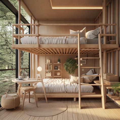 Loft Bed Furniture, Bunk Bed Minimalist Room, Scandinavian Bedroom Bunk Bed, Bunk Beds With Windows, Small Bedroom Bunk Bed Ideas, Boys Bunk Room, Bunk Beds Ideas, Boys Room Bunk Beds, Bunk Bed Bedroom