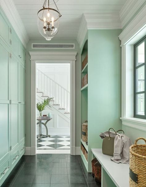 Gorgeous mint green mudroom by Denise Maloney with built-in storage and a bell-jar pendant light - fabulous mouldings too. Mint Green Rooms, Entry Floor, Mint Green Walls, Mint Walls, Shiplap Ceiling, Green Hallway, Calming Spaces, White Shiplap, Green Paint Colors