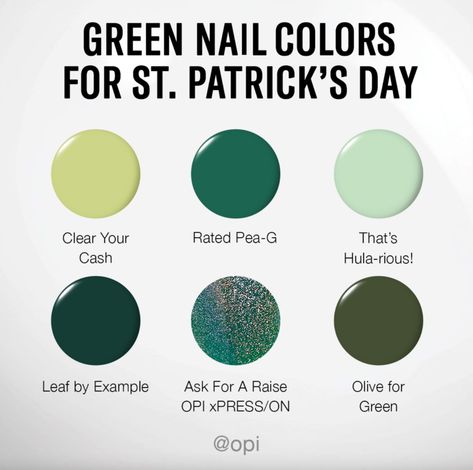 Wherever you go and whatever you do, may these green nail shades bring luck to you 🍀  Embrace a pastel mint or a deep iconic evergreen shade this Saint Patrick’s Day & know that luck is at your fingertips 💚💅 #OPI #SaintPatricksDay #GreenManicure #GreenNails Green Nail Shades, Green Nails For St. Patrick’s Day, Opi Green Dip Powder, Green Opi Gel Polish, Opi Greens, Opi Green Nail Polish Shades, Opi Green Nail Polish, Green Nail Colors, Mani Colors