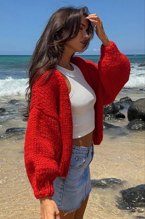 red chunky cardigan from beginning boutique, light wash distressed denim skirt (can find at edikted or pacsun), white high neck crop tanktop (target) Red Crop Sweater Outfit, Trendy Red Cropped Sweater For Winter, Trendy Red Knitted Cardigan, Red Chunky Knit Top, Red Crop Cardigan, Red Cropped Cardigan, Crop Cardigan Outfit, Distressed Denim Skirt, Sleeveless Short Dress