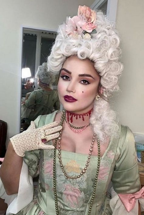 Jacqueline Jossa was the spitting image of Marie Antoinette when she dressed in a wig and elaborate dress to film Celeb Juice's Halloween special on her 28th birthday #jacquelinejossa #celebrityjuice #halloween #imacelebritygetmeoutofhere #imacelebrity #itv #queenofthejungle #eastenders #halloweencostume #makeup Marie Antoinette Zombie, Baroque Halloween Costume, Marie Antoinette Costume Couple, Marie Antoinette Makeup Halloween, Halloween Costume Marie Antoinette, Mary Antoinette Halloween Costume, Halloween Marie Antoinette, Marie Antoinette Cosplay, Marie Antoinette Costume Diy