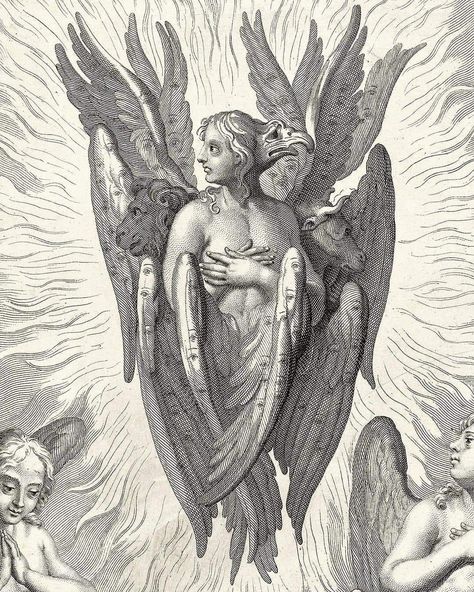 Three types of Cherubim (detail) - Frans van Bleyswyck, 1732. Angelology Aesthetic, Dominion Angel, Seraphim Aesthetic, Angel Lore, Scary Angel, Cherubim Angels Tattoo, Biblical Angel, Visual Elements Of Art, Dante Inferno