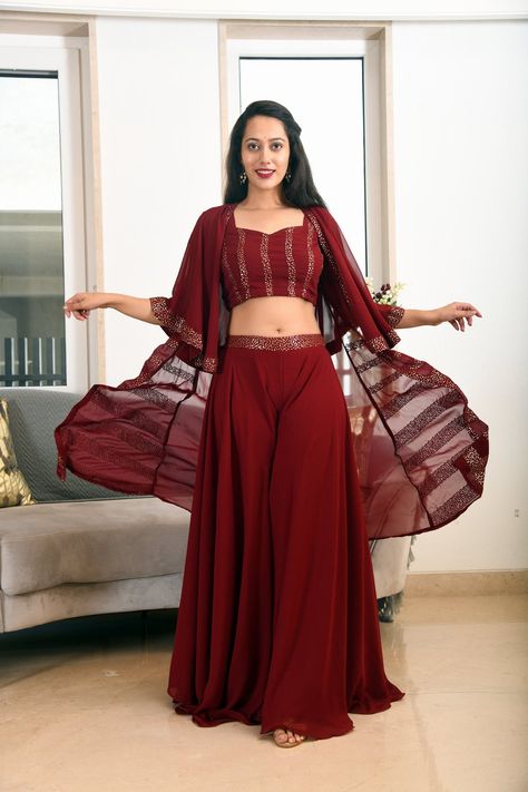 Flare Plazzo Design, Crop Top Lehenga With Jacket, Crop Top Palazzo With Jacket, Back Tie Blouse, Plazzo Dress, Pattu Pavada, Crop Top Suit, Party Wear Frocks, Women Ethnic Wear