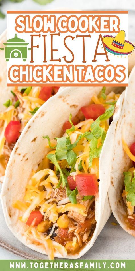 Switch up Taco Tuesday and try these simple and super delicious Slow Cooker Fiesta Chicken Tacos for dinner. Perfectly shredded chicken, black beans, corn, salsa, and chicken taco seasoning is all it takes to get this family favorite dinner on the table. Fiesta Chicken Tacos, Quick Taco Recipes, Mexican Dinners, Chicken Black Beans, Shredded Chicken Crockpot, Flexitarian Recipes, Slow Cooker Shredded Chicken, Chicken Taco Seasoning, Black Beans Corn