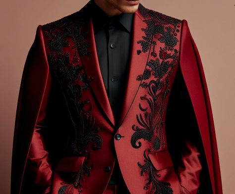 made by AI Mens Formal Suit Ideas, Opera Outfit Men, Red Tuxedo For Men Wedding, Red Suit Aesthetic, Gay Prom Outfits, Masquerade Suit, Red And Black Suit, Red Tux, Unique Suits