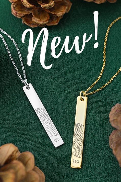 Experience beautiful, tangible connection to your Loved One with a new Vertical Bar Pendant engraved with their unique fingerprint. - - - #legacytouch #fingerprintjewelry #barpendant #fingerprintnecklace #jewelry #customjewelry  ... more Custom Necklace Ideas, Art Deco Jewelry Rings, Relationship Bracelets, Fingerprint Necklace, Fingerprint Jewelry, Vertical Bar, Family Jewellery, Gold Models, Designer Dresses Casual