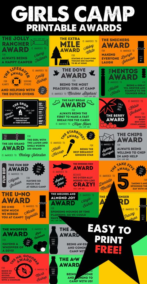 Girls Camp Award Certificates with Corresponding Candy Ideas Girls Camp Awards, Camp Awards, Lds Girls Camp, Girls Camp Crafts, Cheer Camp, Girl Scout Camping, Candy Ideas, Award Ideas, Girl Scout Juniors