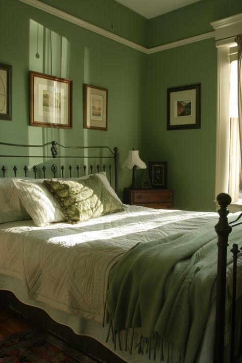 Bedroom with a green wall, sunlight on the bed, decorative pillows, and framed pictures. Green Paint In Bedroom, Room Inspo Green Walls, Sage Green Walls Bedroom, Warm Green Bedroom, Calming Wall Colors, Bedroom Inspo Green, Forest Green Room, Green Bedroom Paint Colors, Green Bedroom Decor Ideas