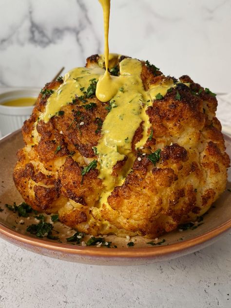 Tumeric Cauliflower Recipes, Whole Roasted Cauliflower Recipes, Roasted Whole Cauliflower, Whole Cauliflower Recipes, Tumeric Cauliflower, Sauce For Grilled Chicken, Peruvian Chicken Recipe, Cumin Recipes, Turmeric Cauliflower