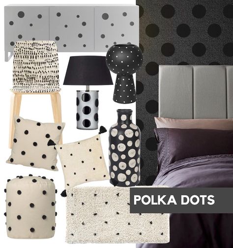 polka dot interiors trend mood board with monochrome items including sideboard, dining chair, cushions, rug, vases, etc Black And White Furniture, Fashion Croquis, Flock Wallpaper, Poka Dot, Bedside Rug, Tufted Cushion, White Furniture, Interior Trend, Glass Table Lamp