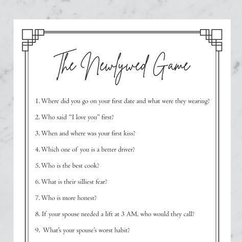 Liven up the party with this Newlywed game! 5x7 Total of 12 questions! Have the maid of honor, best man, bridesmaids, groomsmen (or just anyone really) read the questions to the happy couple. . Enjoy recalling memories and sharing them with the whole family! Want the guests to play a game as well? Check out my Guess Who Said It Bride or Groom game here > https://etsy.me/3HQuOgh If you need more things for the big day please check out my Wedding section in my shop! ------------------------------------------------ Receive these digital files within minutes of purchase, and print them from home or to a local print shop. Perfect if you are short on time and need last minute designs! What are the benefits of going digital? You have access to PDF files within minutes of purchase, and you can dec Wedding Couple Games Receptions, Bachelorette Newlywed Game, Newly Wed Games Questions, Newly Wed Game Questions Couple, Not So Newlywed Game Questions, Wedding Games For Reception, Bride Or Groom Game, The Newlywed Game, Newlywed Game Questions