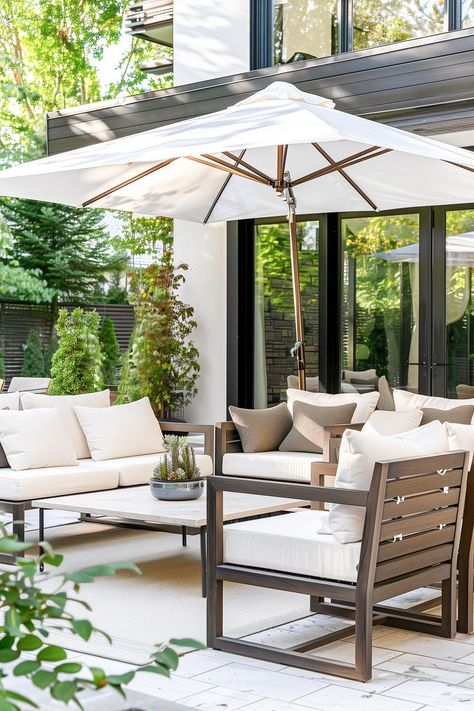 Outdoor furniture on a modern patio Modern Outdoor Furniture Patio, Exterior Furniture Design, Amazon Outdoor Furniture, Florida Outdoor Patio Ideas, Outdoor Patio Furniture Ideas Layout, Covered Patio Furniture Layout, Modern Patio Furniture Ideas, Patio Layout Ideas Furniture Arrangement, Backyard Patio Furniture Ideas