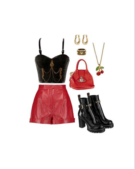 red and black leather outfit styled by me #aesthetic #red #black #leather #leatheroutfit #leathershorts #boots #fashion #fashionblogger #styleinspo #style #outfit #outfits #outfitinspo #outfitideas #outfitinspiration #gold #goldjewelry #gem #gemjewelry Red Leather Corset Outfit, Red Leather Shorts Outfit, Leather Corset Outfit, Leather Shorts Outfit, Black Leather Outfit, Outfits Bonitos, Me Aesthetic, Black Boots Outfit, Corset Outfit