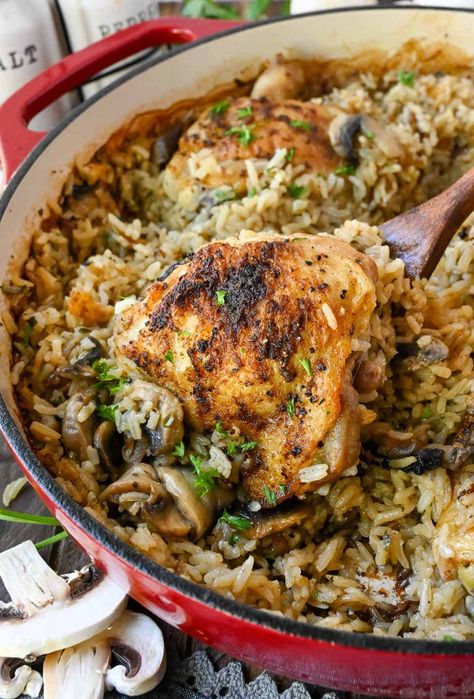 Chicken thighs in a mushroom rice with a spoon scooping some out. Chicken Mushroom Rice, Mushroom Rice Recipes, Creamy Chicken Pasta Recipes, Whole Baked Chicken, Wild Rice Casserole, Mushroom Rice, Savory Rice, One Pot Chicken, Fall Comfort Food