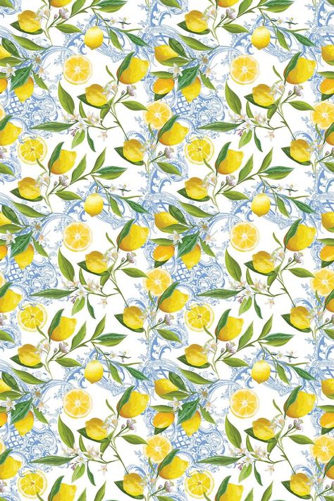 Fancy Party fonts Lemon Print Wallpaper, Lemon Pattern Design, Mediterranean Wallpaper, Citrus Wallpaper, Lemon Wallpaper, Lemon Background, Blue White Background, Italian Wallpaper, Portuguese Design