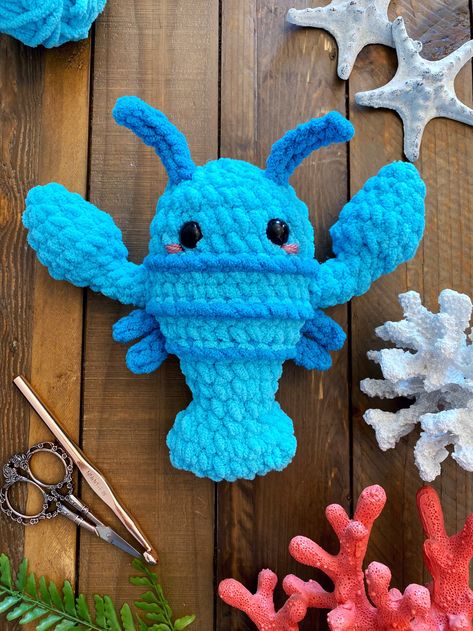 Blue Lobster Free Crochet Pattern • Spin a Yarn Crochet Crochet Blue Lobster, Fluffy Yarn Crochet Patterns Free, Blue Chunky Yarn Crochet, Bernat Blanket Stuffed Animal, Wale Crochet Pattern Free, Aquatic Crochet Pattern, Crochet Water Animals, Nemo Crochet Pattern Free, Crochet Ocean Animals Free Pattern