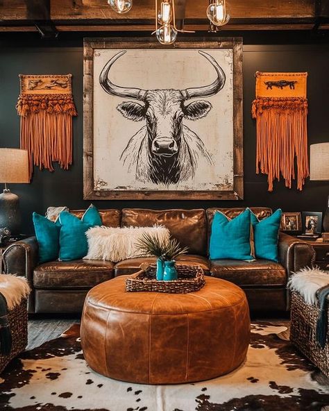 Aztec Living Room Ideas, Western Bohemian Decor, Western Themed House, Colorful Western Living Room, Modern Western Living Room Decor, Small Western Living Room, Western Chic Living Room, Vintage Western Home Decor, Rustic Western Living Room