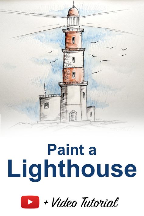 Lighthouse Painting – Complete Exercise with Video Lighthouse Painting, Drawing Videos, Learn To Paint, Learn To Draw, Painting & Drawing, Lighthouse, Step By Step, Paint, Drawings