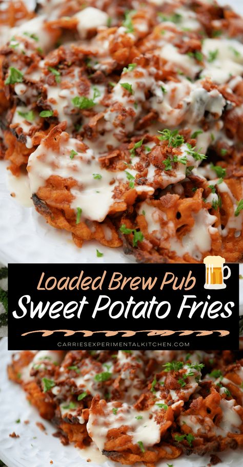 Crispy, baked sweet potato waffle fries topped with a white Cheddar beer cheese sauce; then sprinkled with fresh bacon bits. Sweet Potato Waffle Fries, Beer Cheese Sauce, Frozen Sweet Potato Fries, Freeze Sweet Potatoes, Potato Waffles, Sweet Potato Waffles, Waffle Fries, Cooking Bacon, Beer Cheese