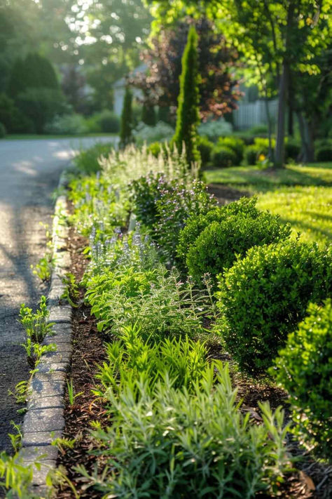 38 Creative Herb Garden Designs for Gardeners of All Levels Herb Garden In Front Of House, Herb Garden Front Yard, Herb Garden Side Of House, Herb Border Garden, Garden Levels Landscaping, Herb Landscaping Front Yard, French Herb Garden, Rosemary And Lavender Garden, Herb Garden Outdoor Design