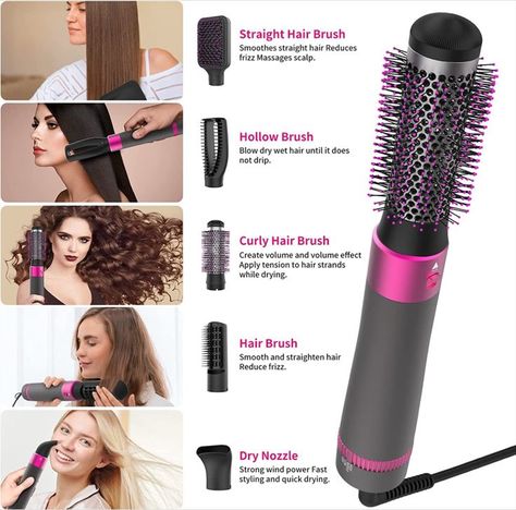 5 in 1 Hair Dryer Brush, Salon Negative Ionic Electric Hot Air Brush, Detachable and Interchangeable Hair Straightener Curly Hair Comb, Make Hair Smooth, Blow Dryer Brush with Heat Protective Glove Brush Curly Hair, Different Hair Lengths, Brush Dryer, Hair Dryer Styler, Blow Dryer Brush, Curly Hair Brush, Electric Hair Brush, Automatic Hair Curler, Dryer Brush