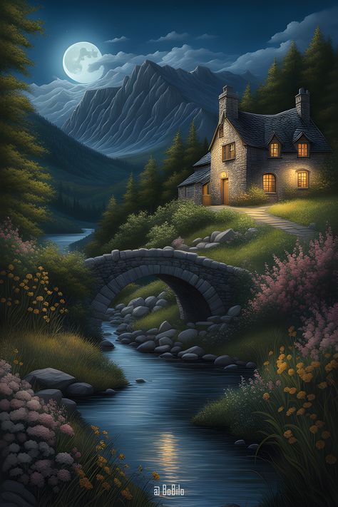 Immerse yourself in a magical night inspired by Alpine vistas with fantastical landscapes resembling mountain houses near rivers, adorned with arched bridges reminiscent of Alpine scenes, all under the enchanting moonlit glow Magical Bridge, Fantastical Landscapes, House In The Mountains, Night Illustration, Bridge Art, Magical Night, Fantasy Background, Pastel Landscape, Dreamy Landscapes