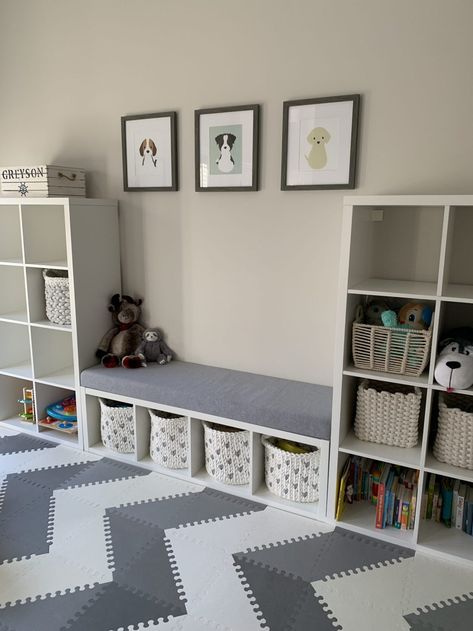 DIY Neutral Playroom - Home With Grey Scandanavian Toy Storage, Playroom Diy Storage, Ikea Playroom Desk Hack, Diy Toy Room Storage, Playroom Ideas Gender Neutral, Playroom/spare Room, Budget Playroom Ideas, Diy Playroom Storage Ideas, Small Playroom Storage