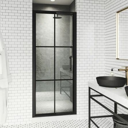 VIGO 76'' HPivot Framed Shower Door | Wayfair Restroom Ideas, Pivot Shower Door, Barn House Ideas, Framed Shower Door, Steel Finishes, Bathroom Layouts, Bathtub Doors, Modern Craftsman, Transitional Bathroom Vanities