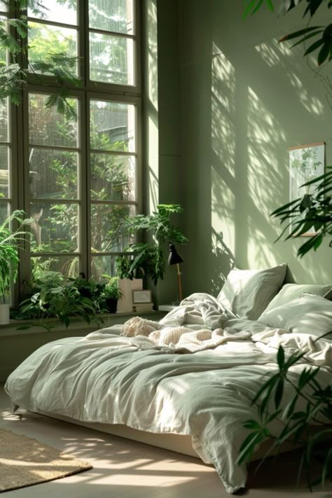 Green Comforter Bedroom, Black Luxury House, Green Boho Bedroom Ideas, Forest Green Bedrooms, Girls Bedroom Green, Light Green Bedrooms, Green Boho Bedroom, Green And White Bedroom, Green Bedroom Design